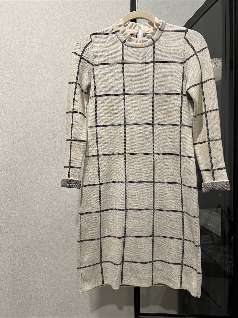 Cream Windowpane Knit Dress with Gray Grid